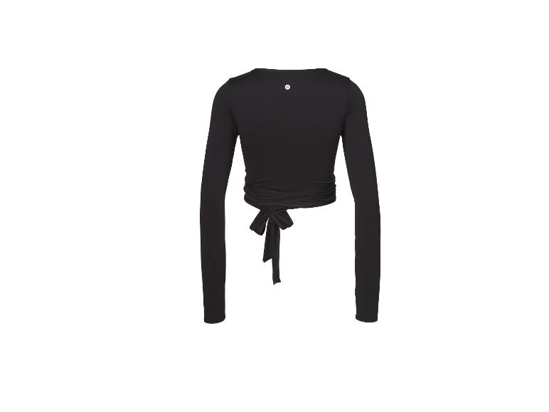 Haut noir à manches longues avec lien à la taille, vue de dos.