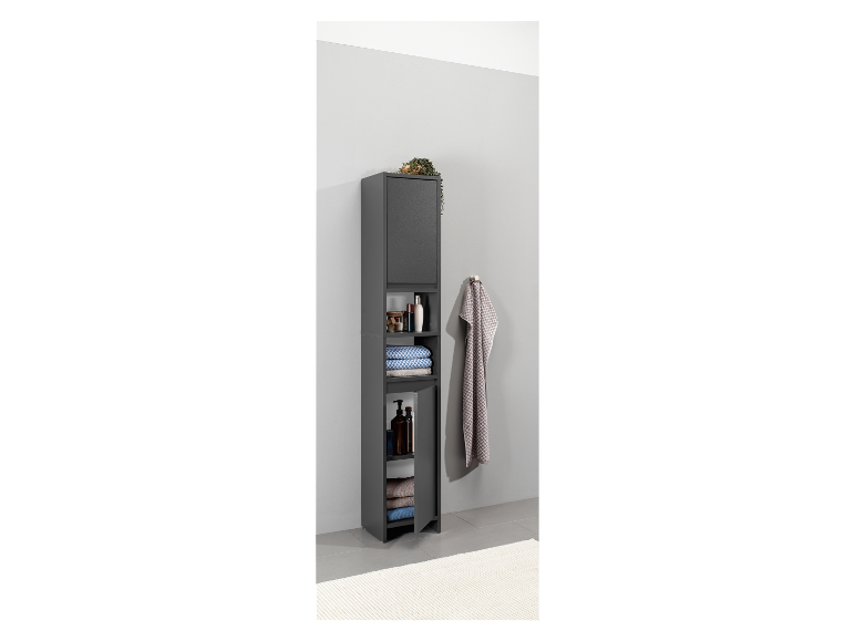 Armoire de salle de bain haute grise foncée avec étagères et porte.