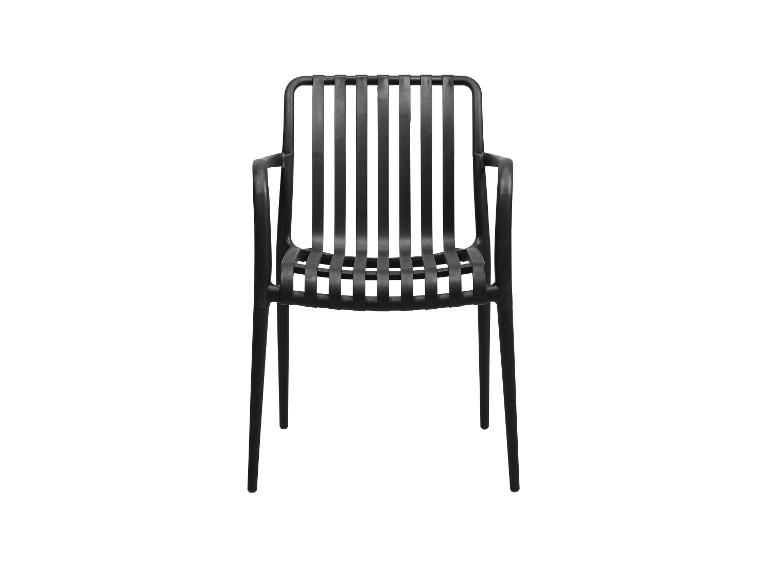 Fauteuil d'extérieur noir à lattes avec accoudoirs, vue de face.