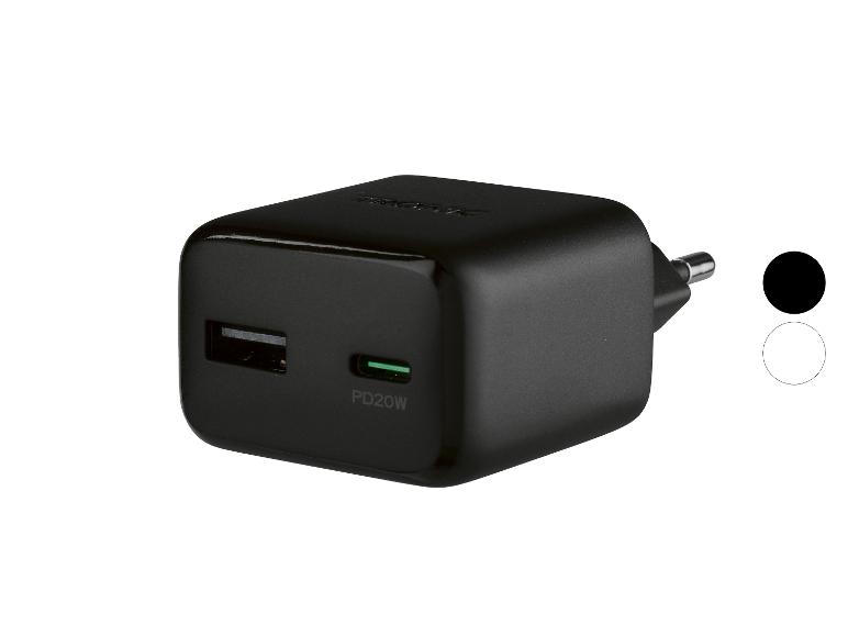 Chargeur mural noir avec ports USB-A et USB-C (PD20W), avec options de couleur noir et blanc.