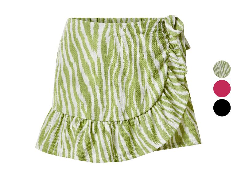 Mini-jupe femme imprimé zèbre vert et blanc, avec volants et lien latéral.