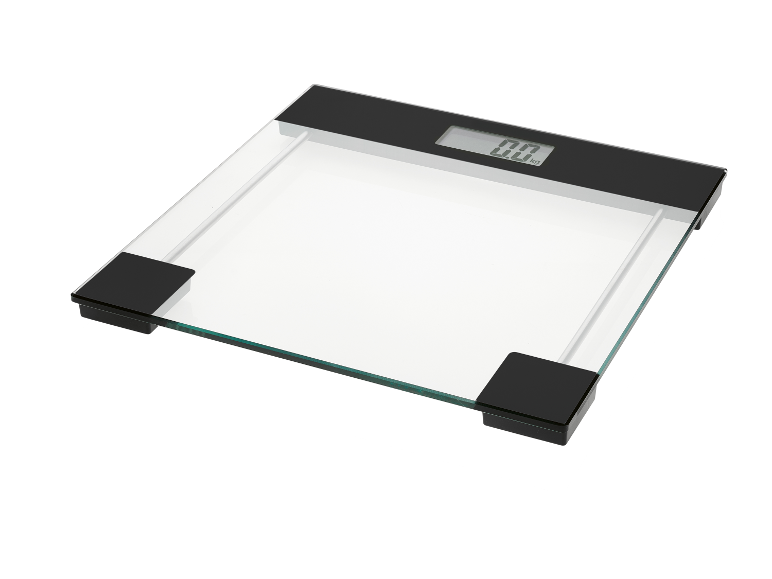 Une balance de salle de bain en verre avec des éléments noirs.