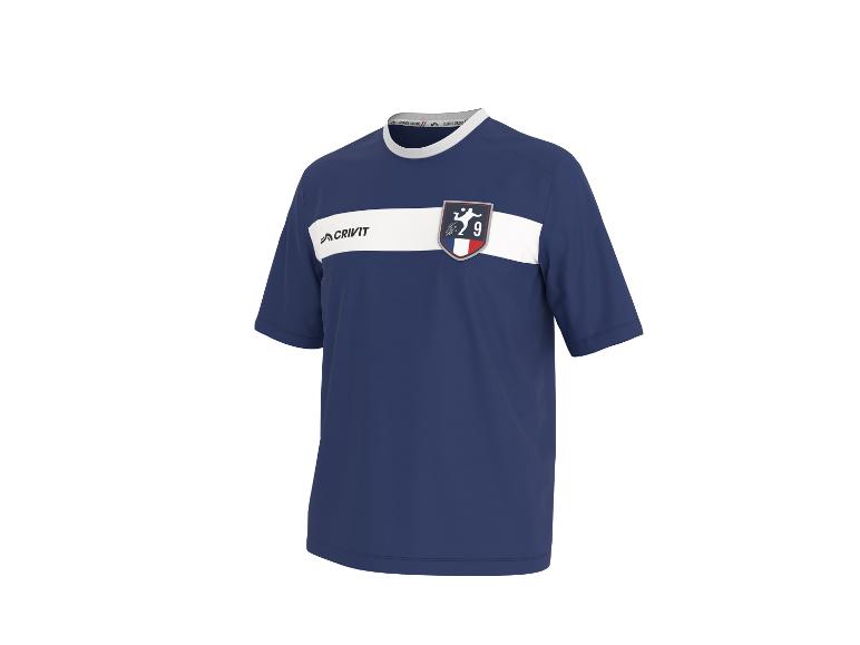 Maillot de football bleu marine à manches courtes avec une bande blanche et un écusson avec un joueur et le numéro 9.