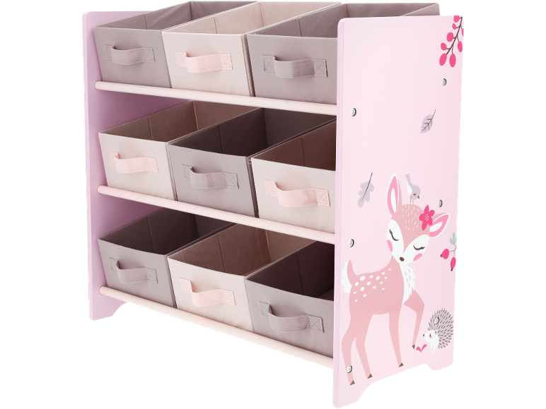 Étagère enfant rose avec 9 bacs de rangement en tissu, décorée d'un cerf et d'un hérisson.