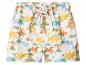 Short de bain blanc pour enfants avec imprimé dinosaures colorés et palmiers.