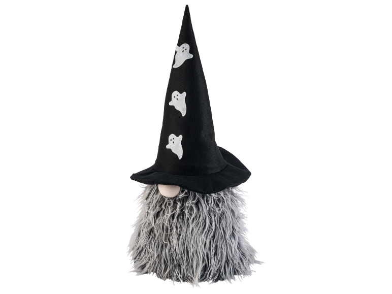 Nain d'Halloween avec chapeau noir à fantômes et barbe grise.