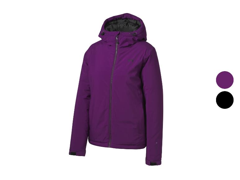 Veste de ski violette avec capuche et fermeture éclair, avec options de couleur violette et noire.