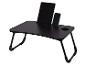 Table de lit pliable noire avec support pour tablette et téléphone, et porte-gobelet.