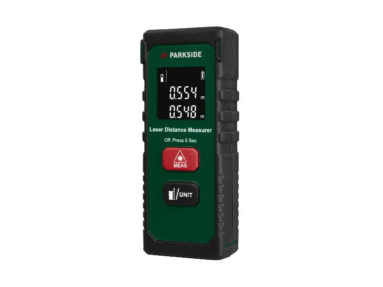 Télémètre laser avec affichage numérique montrant 0.554 m et 0.548 m.