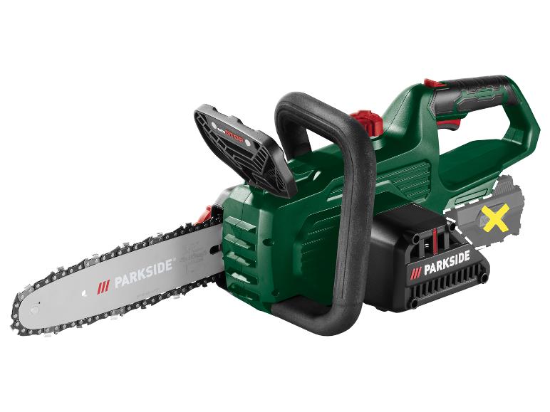 Tronçonneuse sans fil Parkside verte et noire avec batterie.