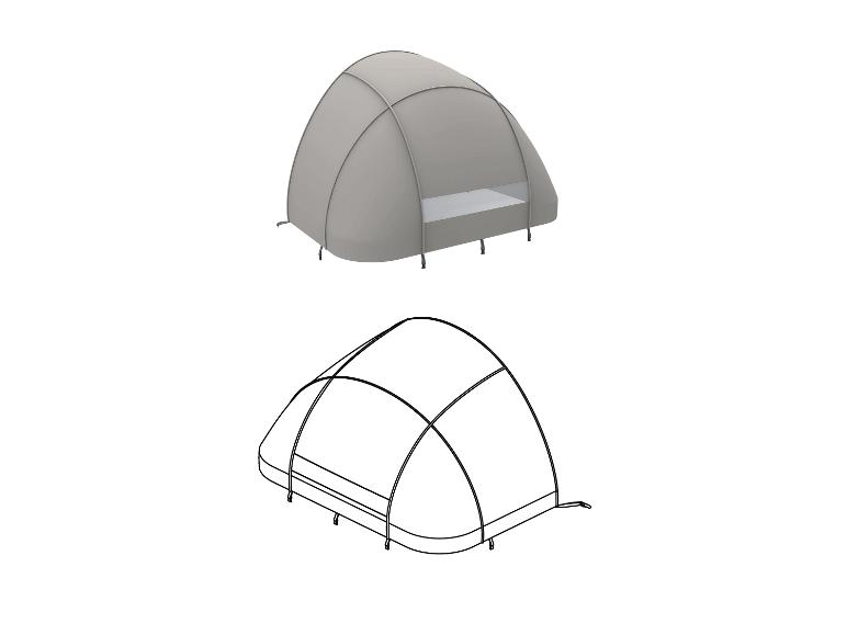 Tente de camping grise avec fenêtre en filet et son contour.