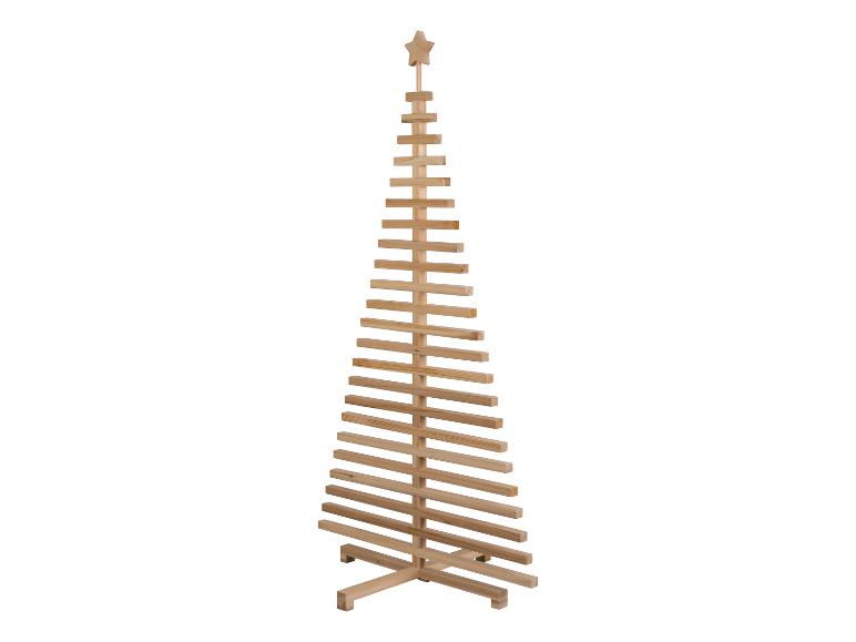 Un sapin de Noël minimaliste en bois avec une étoile au sommet, sur fond blanc.
