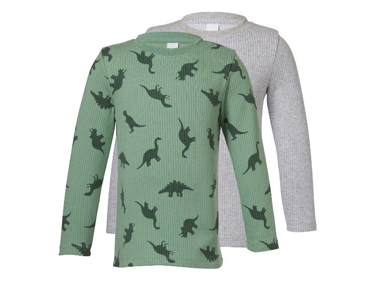 Deux t-shirts à manches longues pour enfants : un vert à motifs dinosaures et un gris uni.
