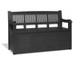 Un banc de rangement en bois noir pour l'extérieur.