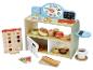 Boulangerie et café en bois avec aliments de jeu, calculatrice et argent.