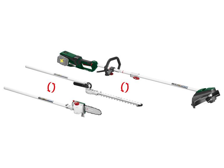 Taille-haie, débroussailleuse et tronçonneuse Parkside avec manche télescopique.