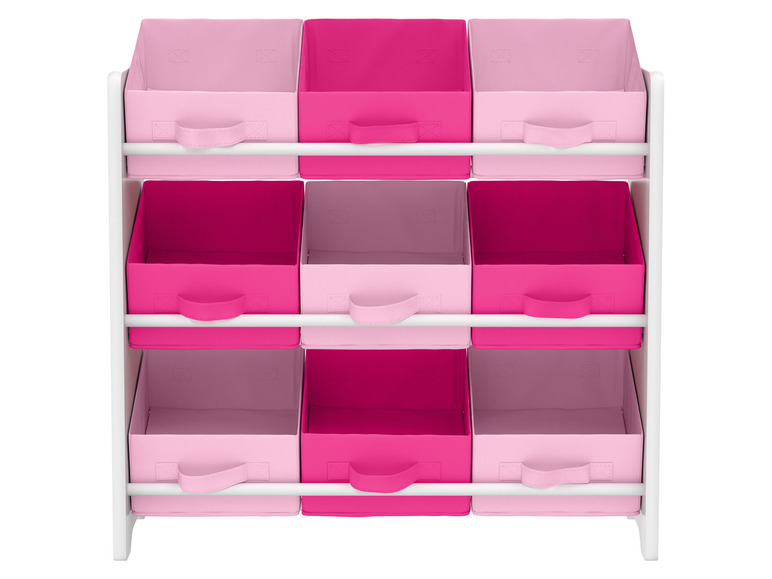 Un rangement blanc avec des paniers en tissu rose et magenta.