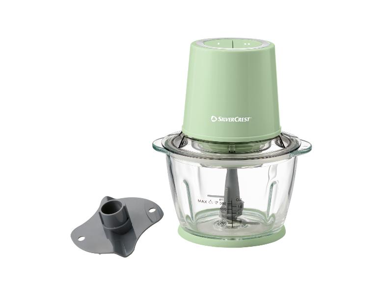 Hachoir vert avec bol en verre et accessoires, avec mesures en ml et oz.