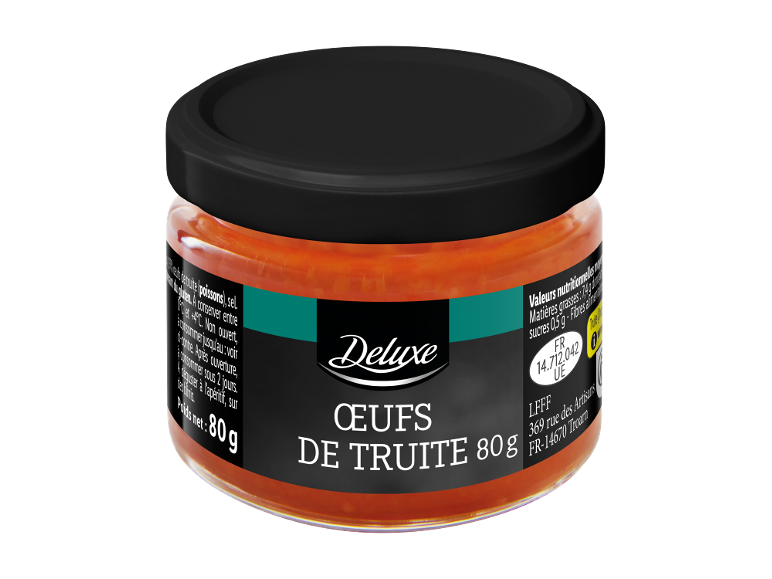 Œufs de truite en pot avec couvercle noir, 80g.