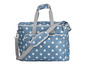Un sac bleu à pois blancs, idéal pour un pique-nique.