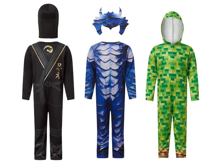 Trois costumes pour enfants : ninja noir, dragon bleu et Creeper vert.