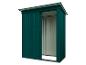 Abri de jardin métallique vert avec porte coulissante.