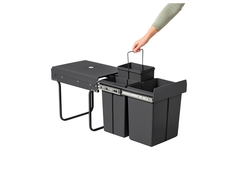 Un système de poubelles noir avec trois poubelles, extensible avec un couvercle