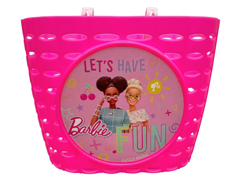 Un panier de vélo rose avec un motif Barbie.