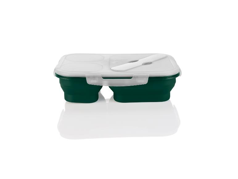 Boîte à lunch pliable verte avec couvercle transparent.