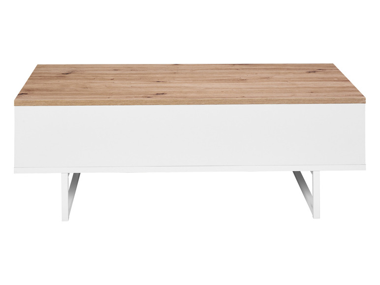 Une table basse blanche avec un plateau en bois.