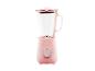Mixeur rose avec pichet en verre et graduations sur fond blanc.