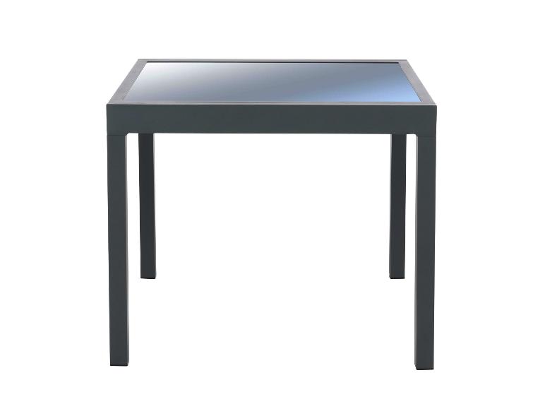 Table d'extérieur carrée gris foncé avec plateau en verre