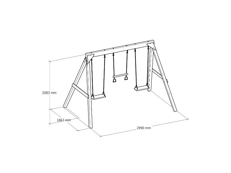Portique en bois avec deux sièges et des anneaux, dimensions 2083x1867x2990 mm.