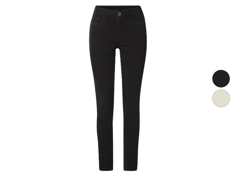 Jean noir pour femme avec bouton et poches, disponible en noir et beige.