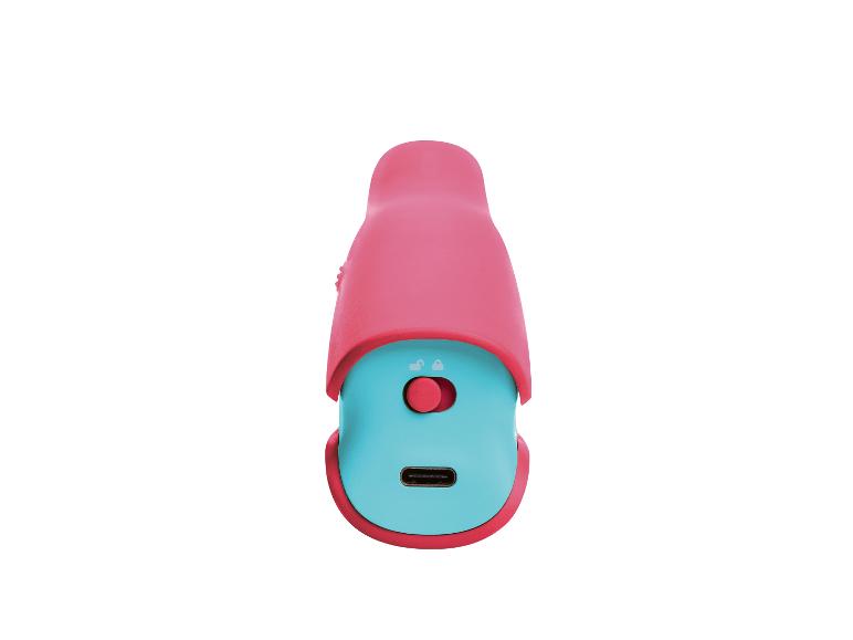 Appareil rose et bleu turquoise avec bouton et port USB-C.