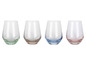 Quatre verres de différentes couleurs : vert, marron, bleu et rose.