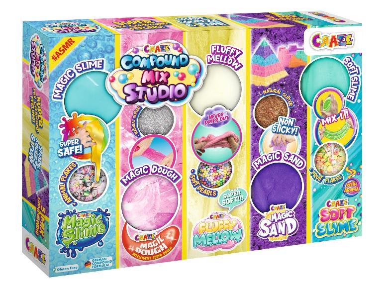 Une boîte Craze Compound Mix Studio, avec de la slime magique, de la pâte, du sable et de la slime moelleuse.