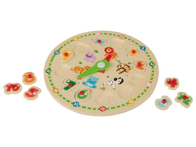 Jouet éducatif en bois en forme d'horloge avec des nombres et des animaux.