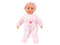 Une poupée bébé rose avec un bonnet rose.