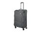 Valise souple grise avec poignée extensible et quatre roulettes.