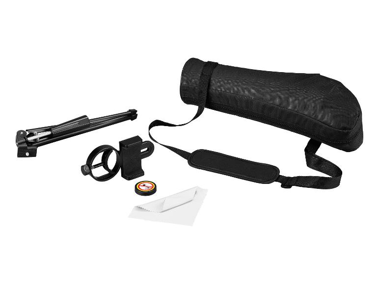 Sac monoculaire noir, trépied, support de téléphone, chiffon de nettoyage et cache de protection oculaire.