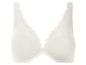 Un soutien-gorge blanc en dentelle avec un décolleté en V.