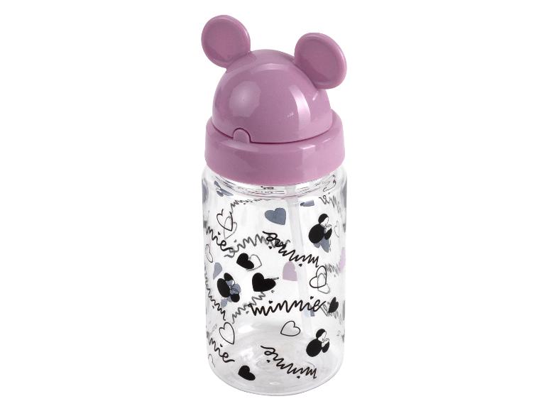 Une bouteille d'eau rose avec un design Minnie Mouse.