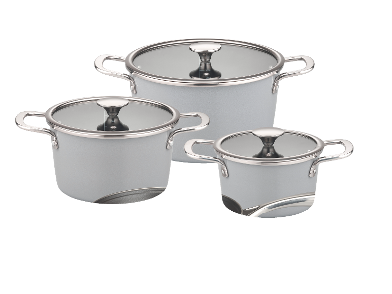 Lot de 3 casseroles grises GSW Stratos avec couvercles en verre, sur fond noir.