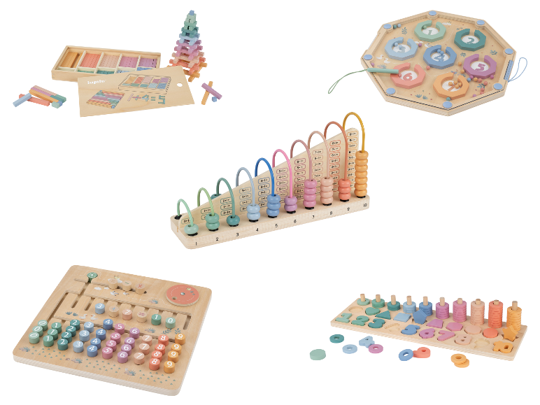 Jouets en bois Montessori LUPILU®: boulier, labyrinthe magnétique, blocs de comptage et puzzle de formes.