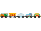 Train jouet en bois coloré avec locomotive, wagon, nuage, wagon rayé et arc-en-ciel.