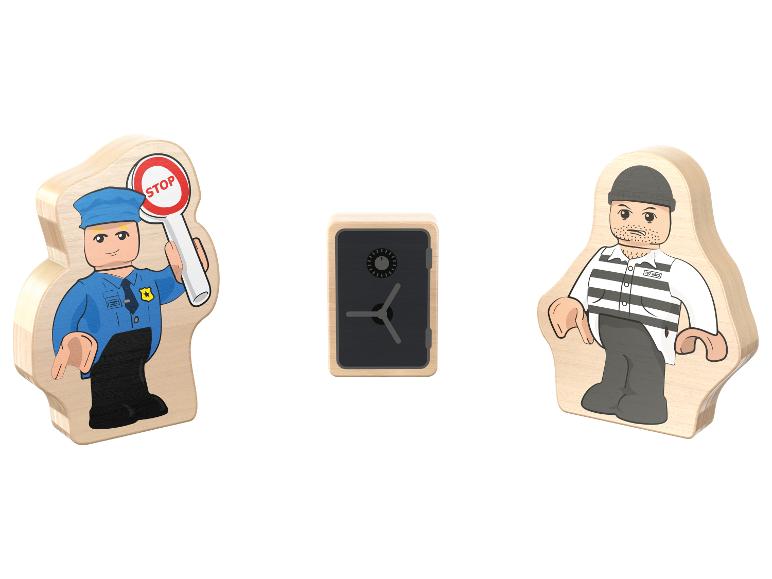 Figurines en bois d'un policier, d'un voleur et d'un coffre-fort.