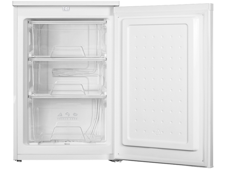 Congélateur blanc avec porte ouverte, trois tiroirs transparents et zone de congélation.