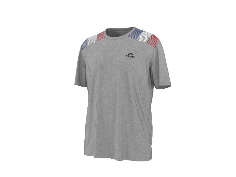 T-shirt de sport gris avec des rayures bleues, blanches et rouges sur les épaules.