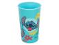 Gobelet en plastique bleu avec Stitch et des fleurs.